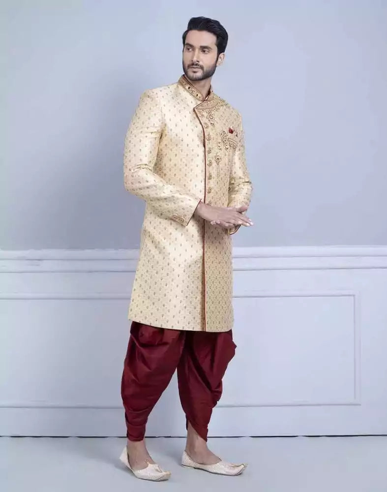 Image of Gold Comfortable and Luxurious Detailing Traditional Sherwani