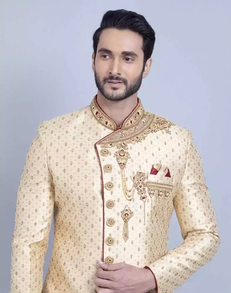 Image of Gold Comfortable and Luxurious Detailing Traditional Sherwani