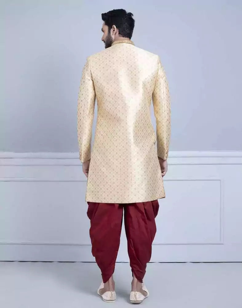 Image of Gold Comfortable and Luxurious Detailing Traditional Sherwani