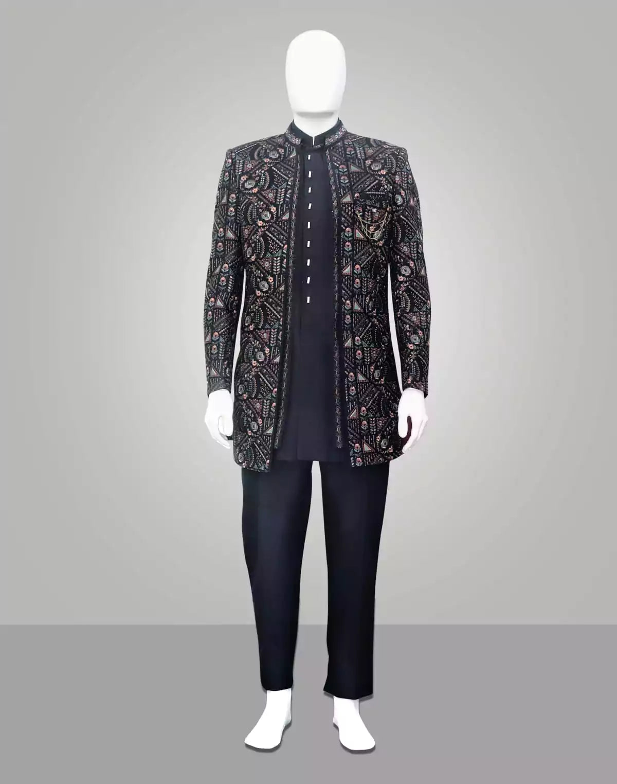 Image of Blue Embroidery work Raw Silk Indo Open Jacket Set