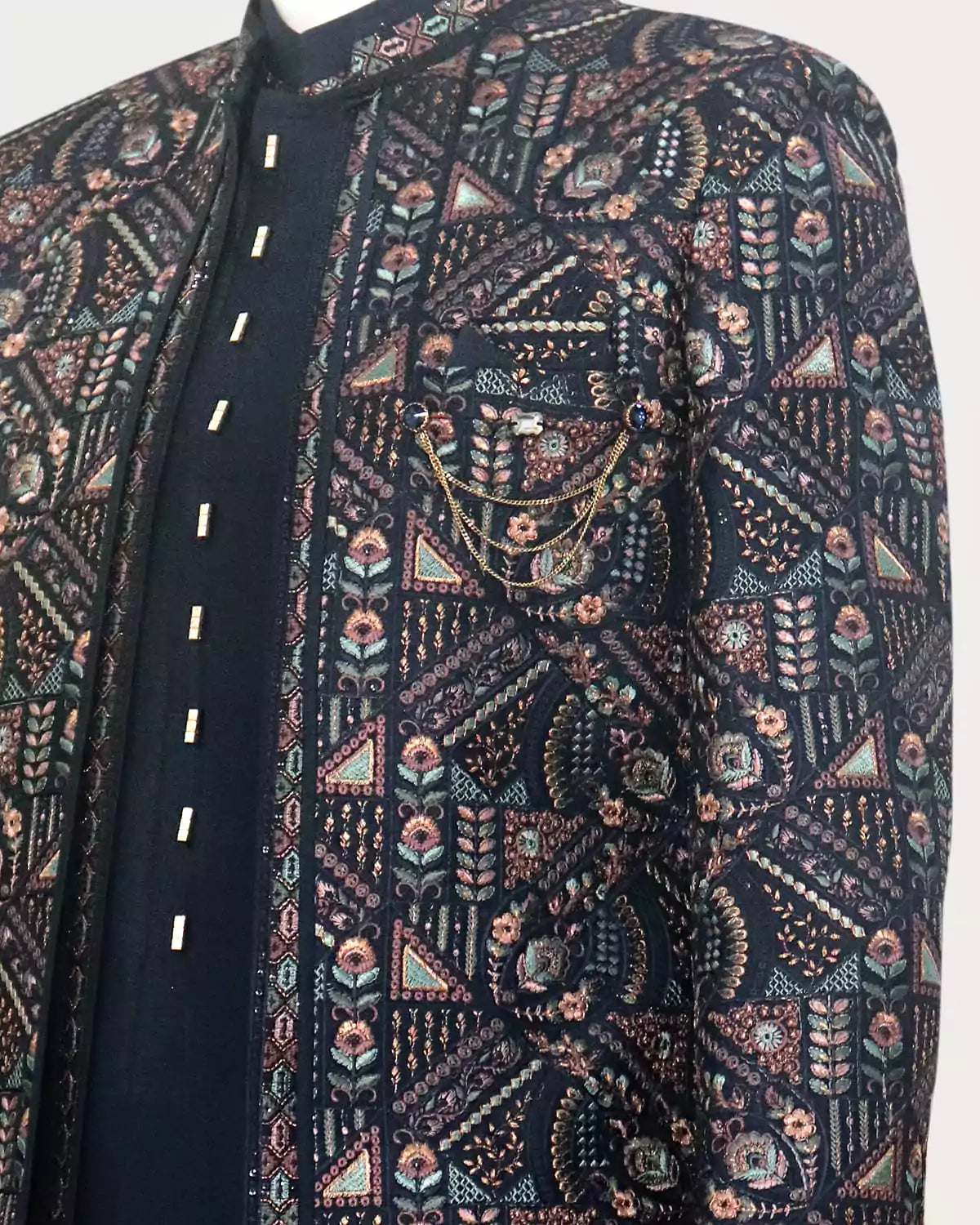 Image of Blue Embroidery work Raw Silk Indo Open Jacket Set