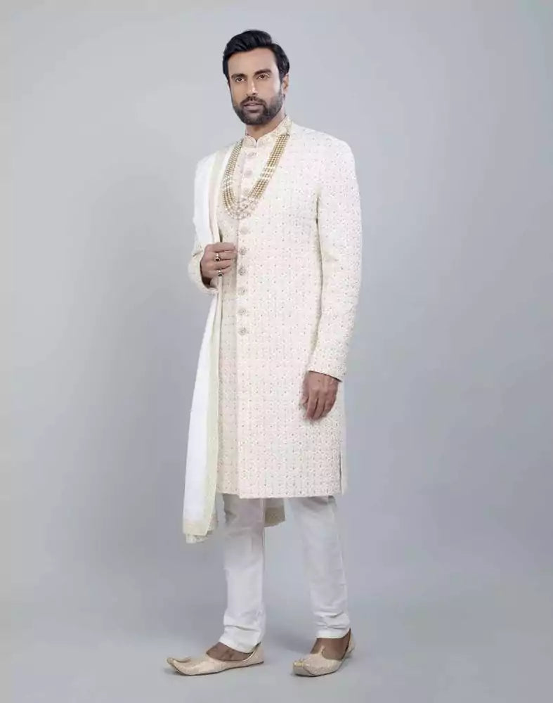 Image of Cream All Over Heavy Work Sherwani with Dupatta