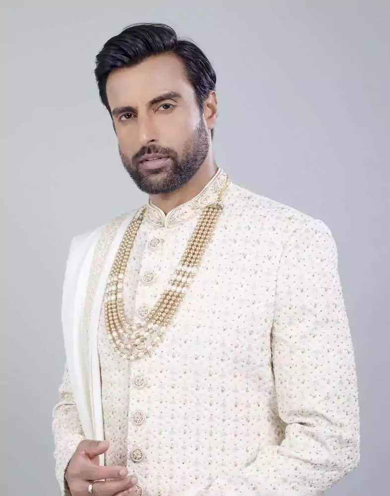 Image of Cream All Over Heavy Work Sherwani with Dupatta