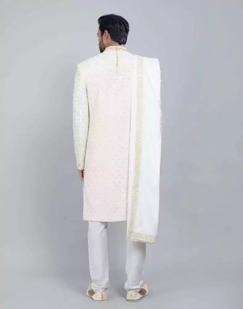 Image of Cream All Over Heavy Work Sherwani with Dupatta