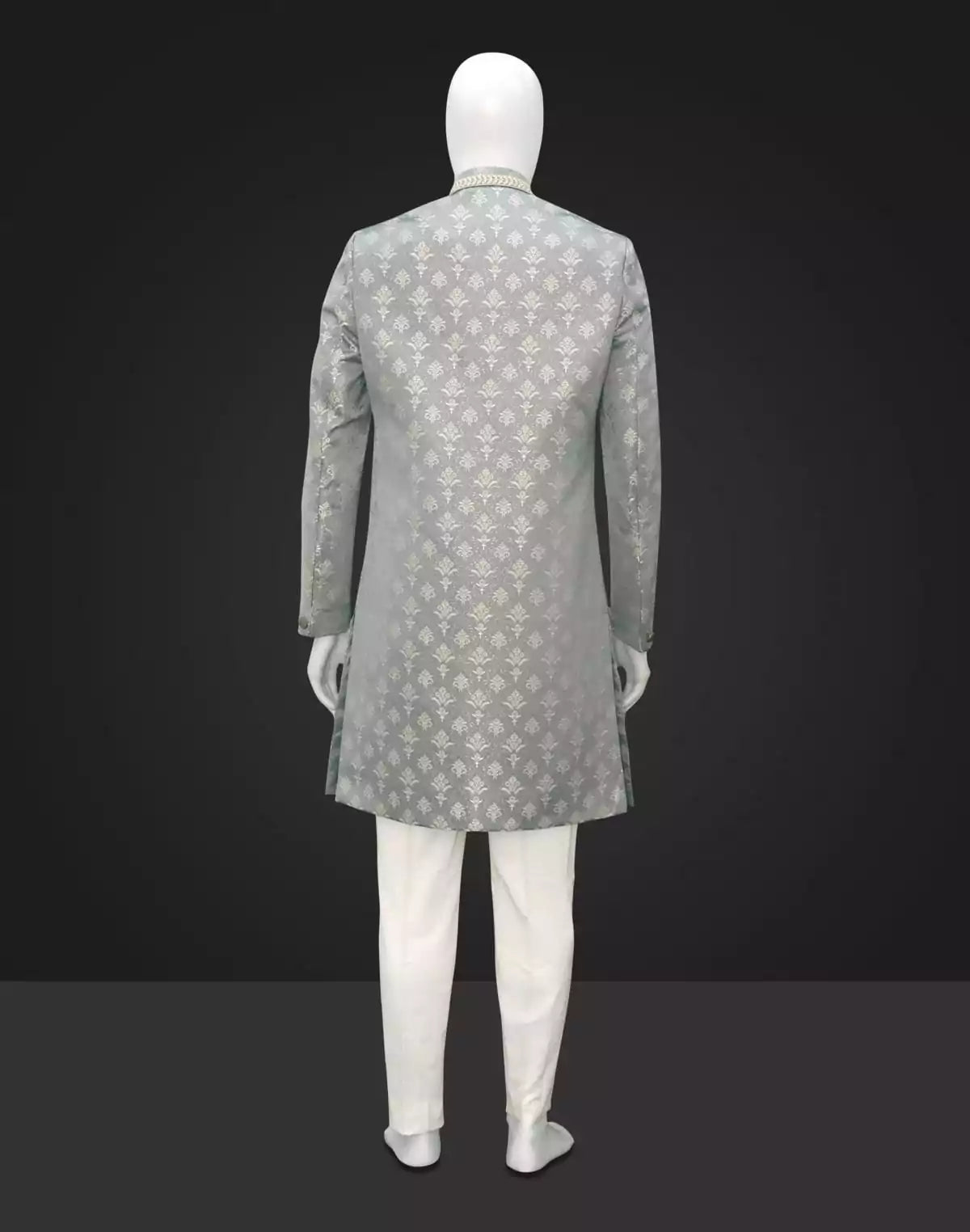 Image of Grey Floral Jacquard Fabric Indo Western Set