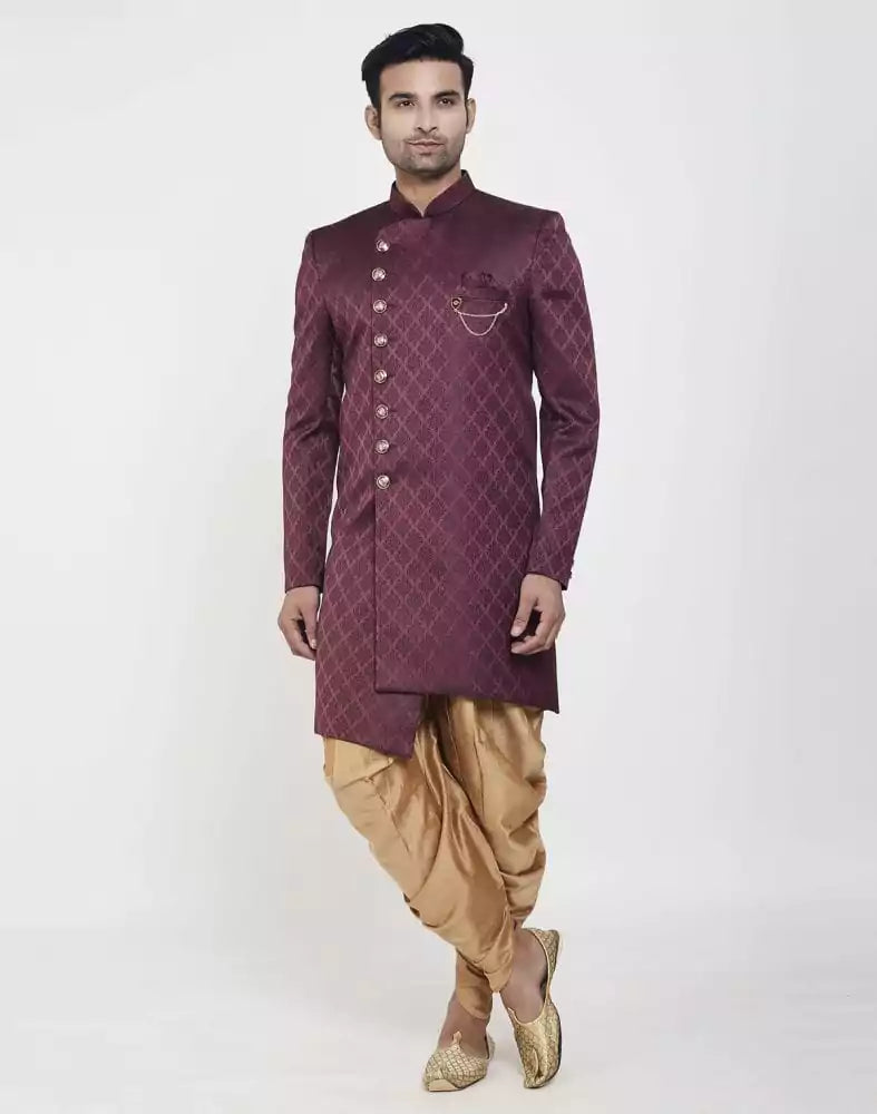 Image of Dark Wine all over Brocade Design Indo Western Sherwani Set