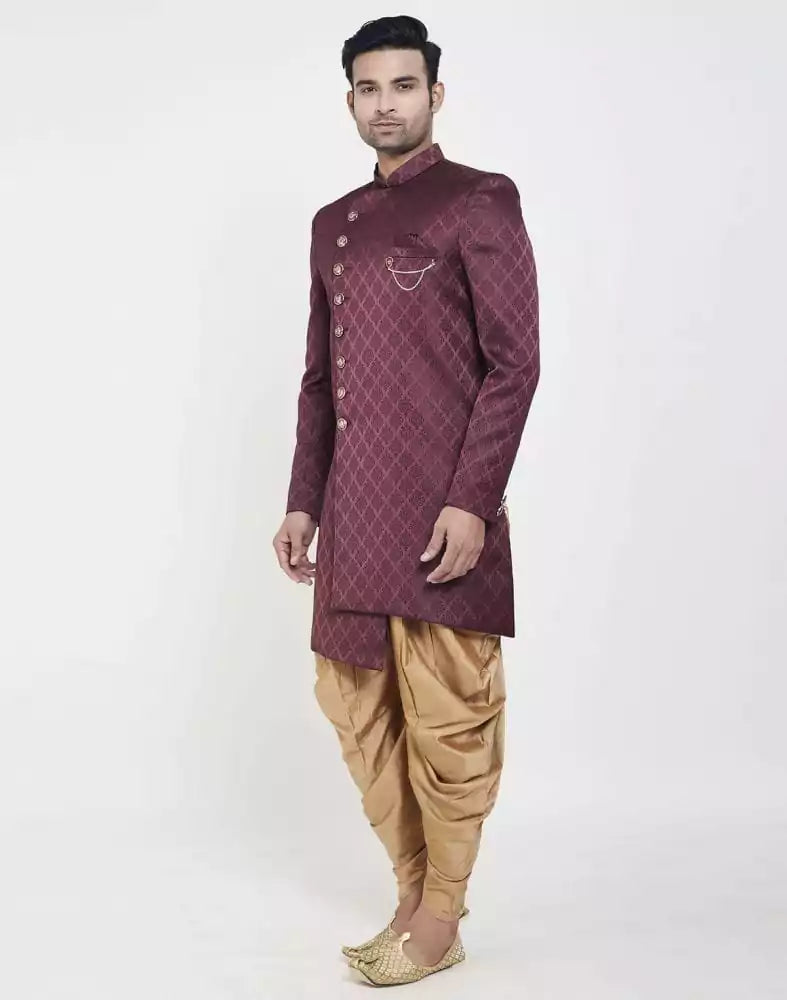 Image of Dark Wine all over Brocade Design Indo Western Sherwani Set