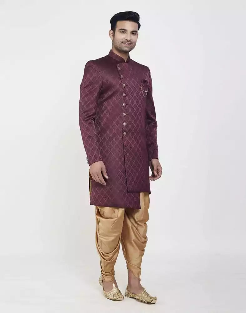 Image of Dark Wine all over Brocade Design Indo Western Sherwani Set