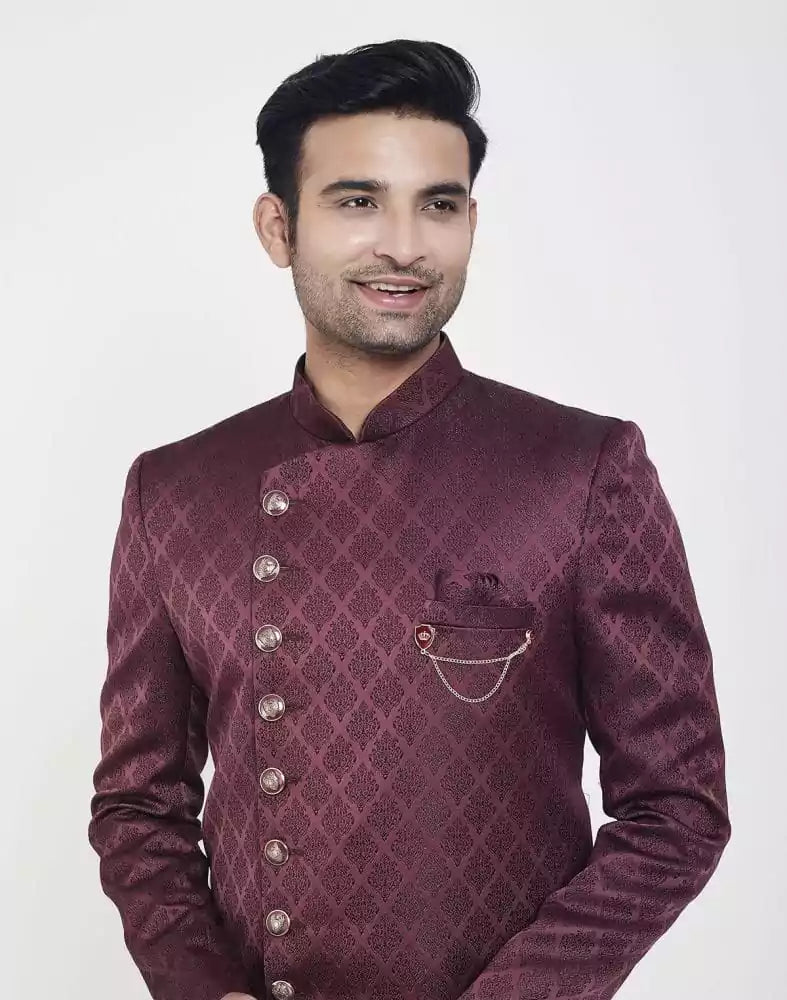 Image of Dark Wine all over Brocade Design Indo Western Sherwani Set