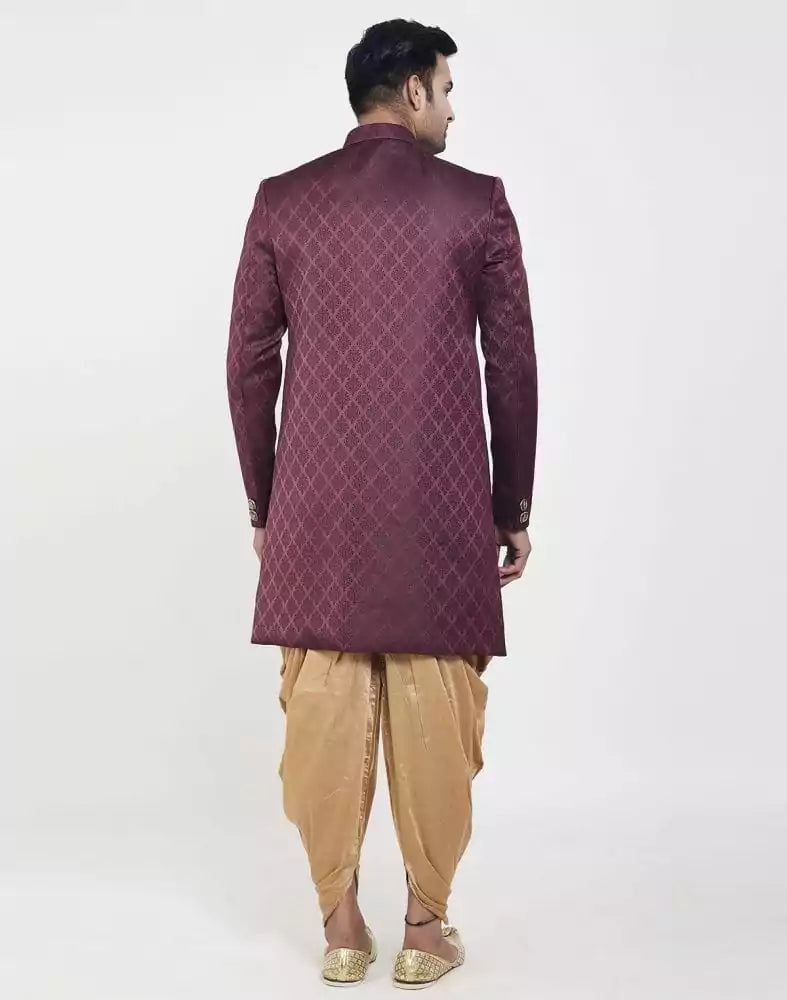 Image of Dark Wine all over Brocade Design Indo Western Sherwani Set