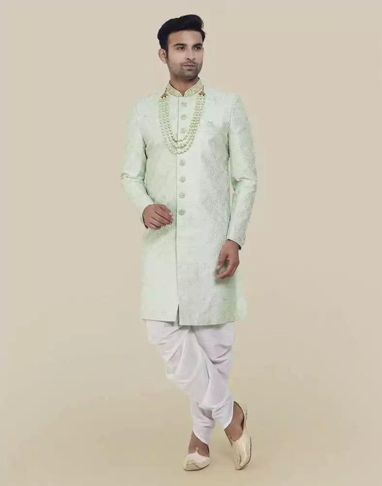 Image of Pista Green Thread And Sequence Work Indo Western Sherwani Set