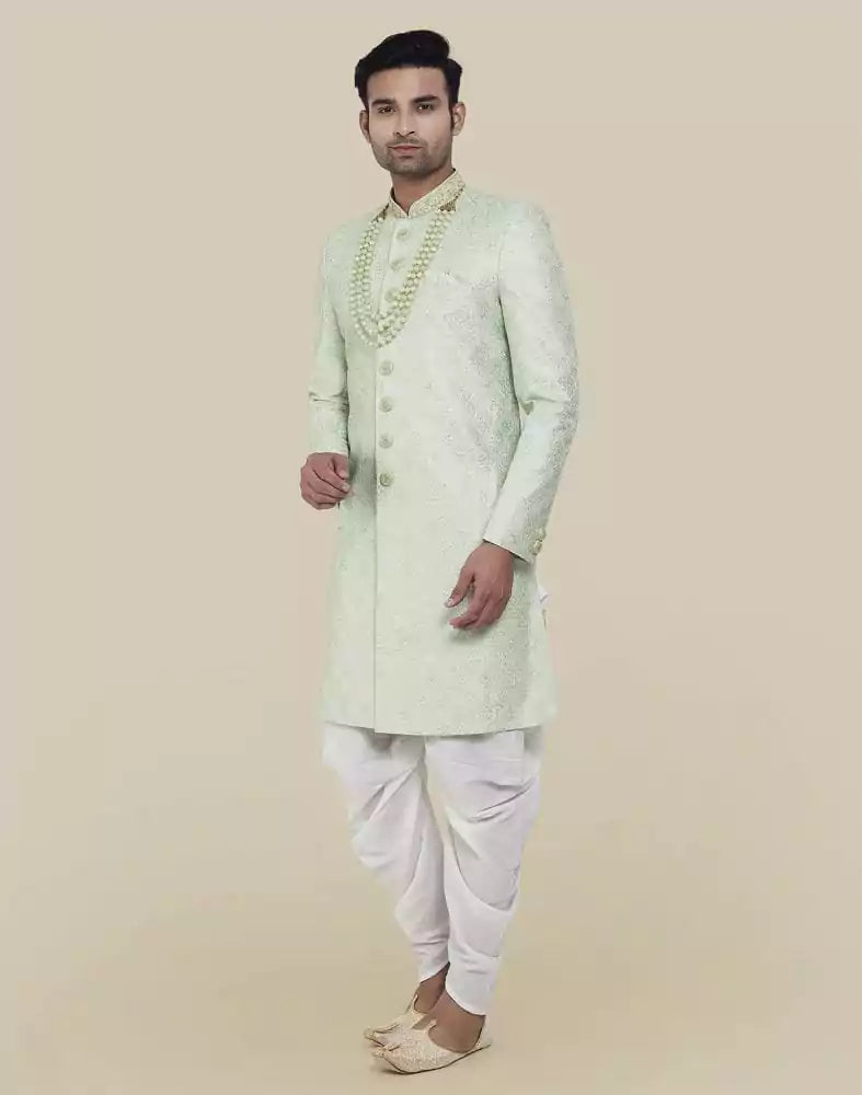Image of Pista Green Thread And Sequence Work Indo Western Sherwani Set