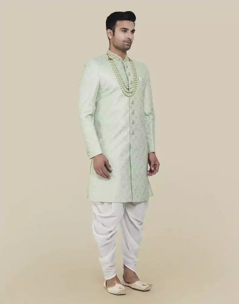 Image of Pista Green Thread And Sequence Work Indo Western Sherwani Set