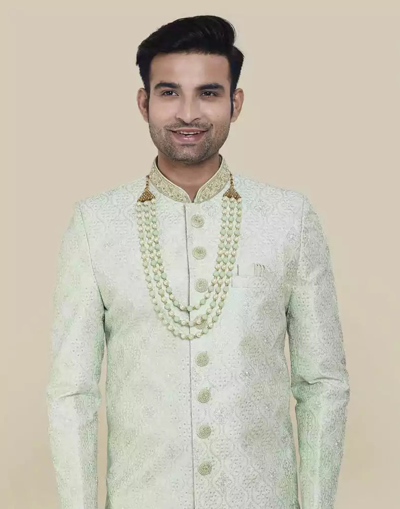 Image of Pista Green Thread And Sequence Work Indo Western Sherwani Set