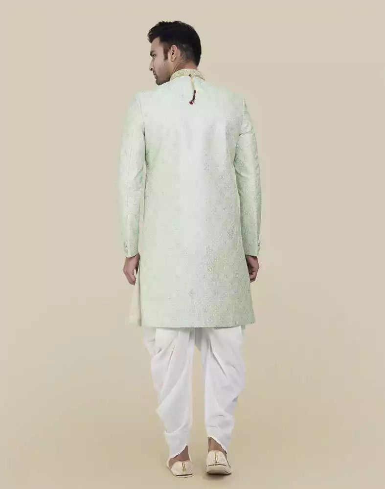 Image of Pista Green Thread And Sequence Work Indo Western Sherwani Set