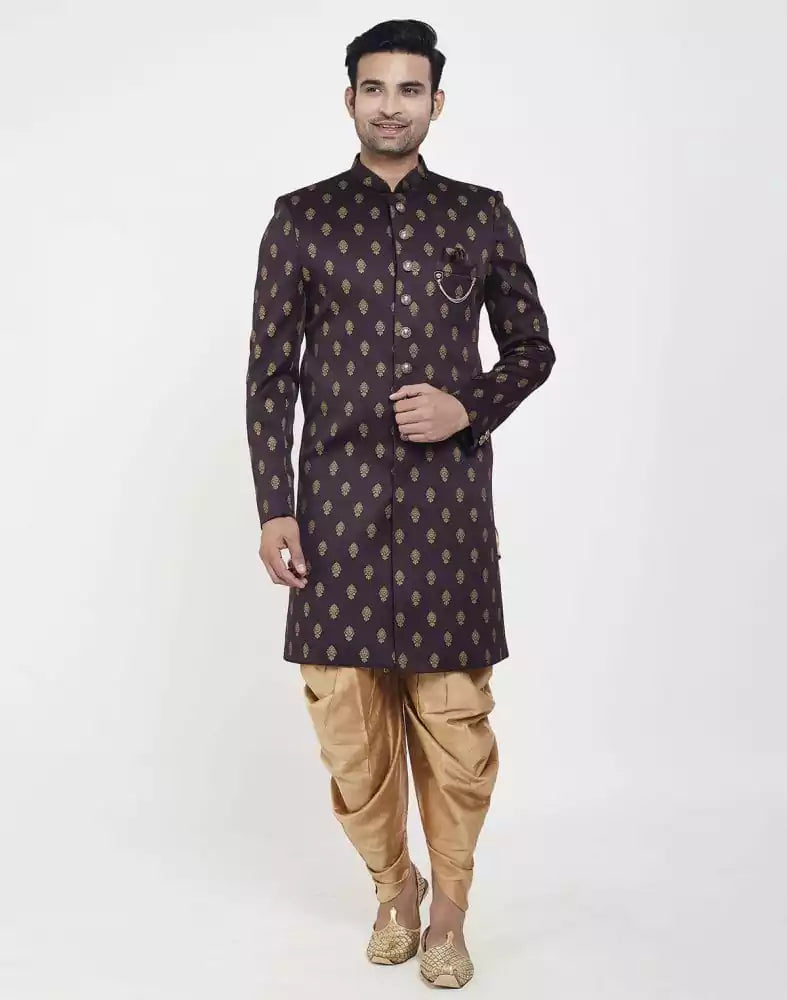 Image of Brown Jacquard Printed Booties Design Indo Western Sherwani