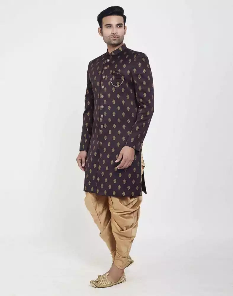 Image of Brown Jacquard Printed Booties Design Indo Western Sherwani