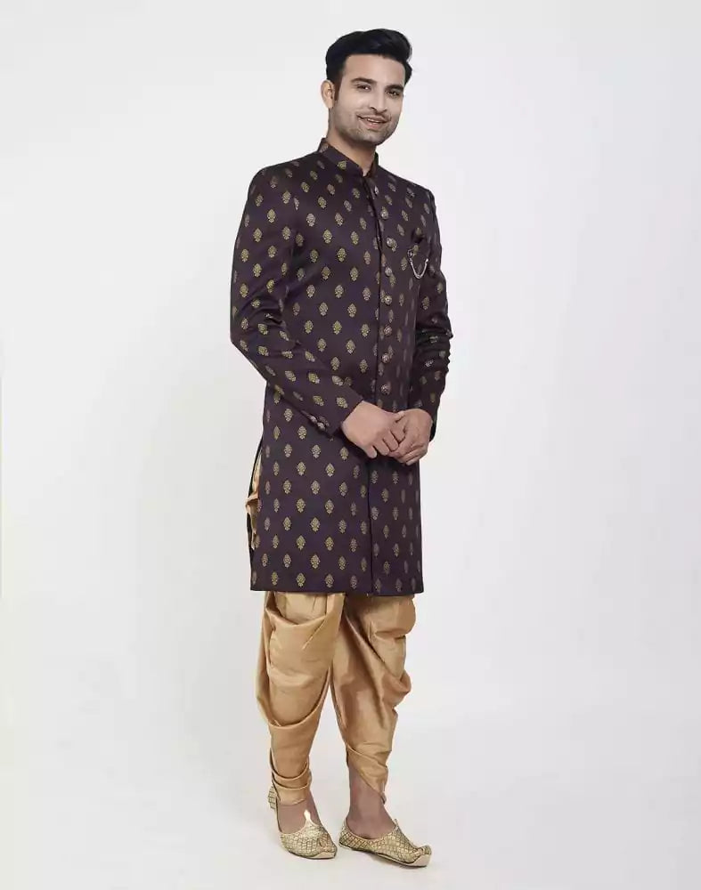 Image of Brown Jacquard Printed Booties Design Indo Western Sherwani