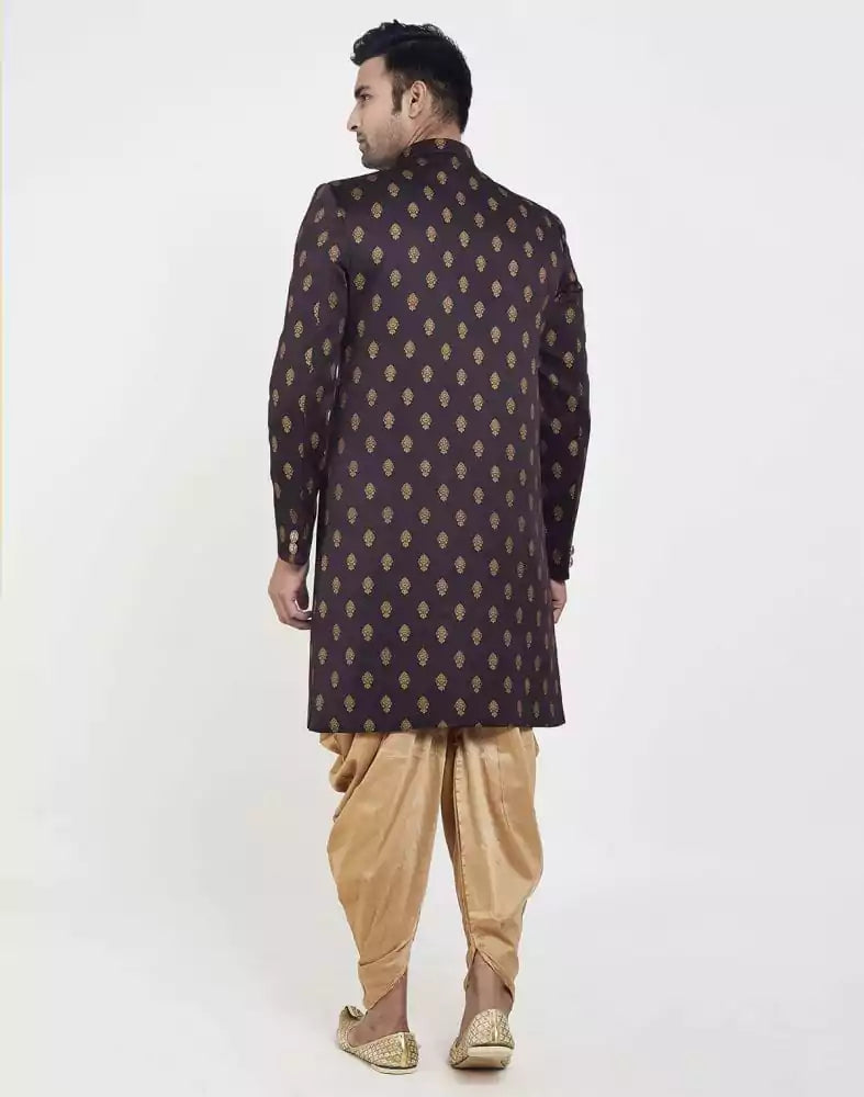 Image of Brown Jacquard Printed Booties Design Indo Western Sherwani