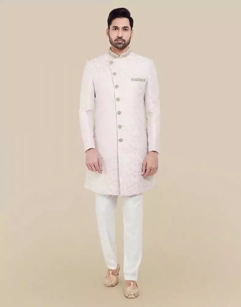 Image of All Over Self Brocade Peach Coloured Indo Western Sherwani Set