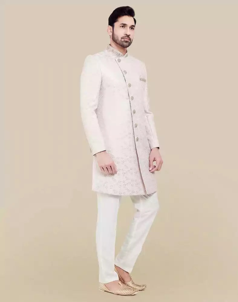Image of All Over Self Brocade Peach Coloured Indo Western Sherwani Set