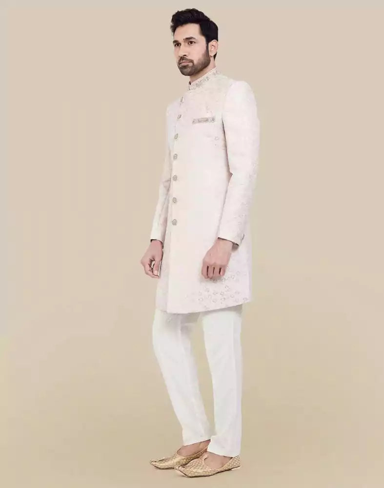 Image of All Over Self Brocade Peach Coloured Indo Western Sherwani Set