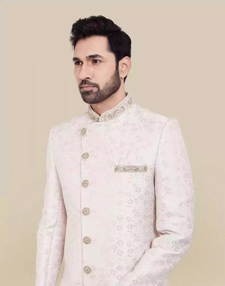 Image of All Over Self Brocade Peach Coloured Indo Western Sherwani Set