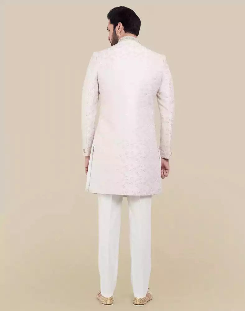 Image of All Over Self Brocade Peach Coloured Indo Western Sherwani Set