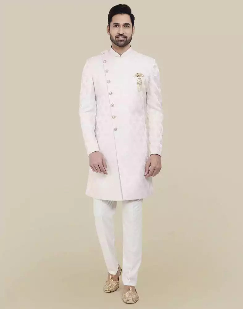 Image of Brocade Peach Coloured Indo Western Sherwani Set