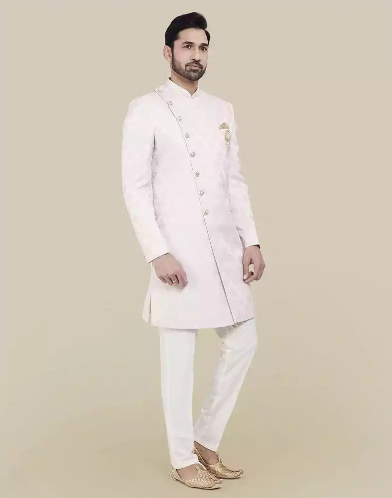 Image of Brocade Peach Coloured Indo Western Sherwani Set
