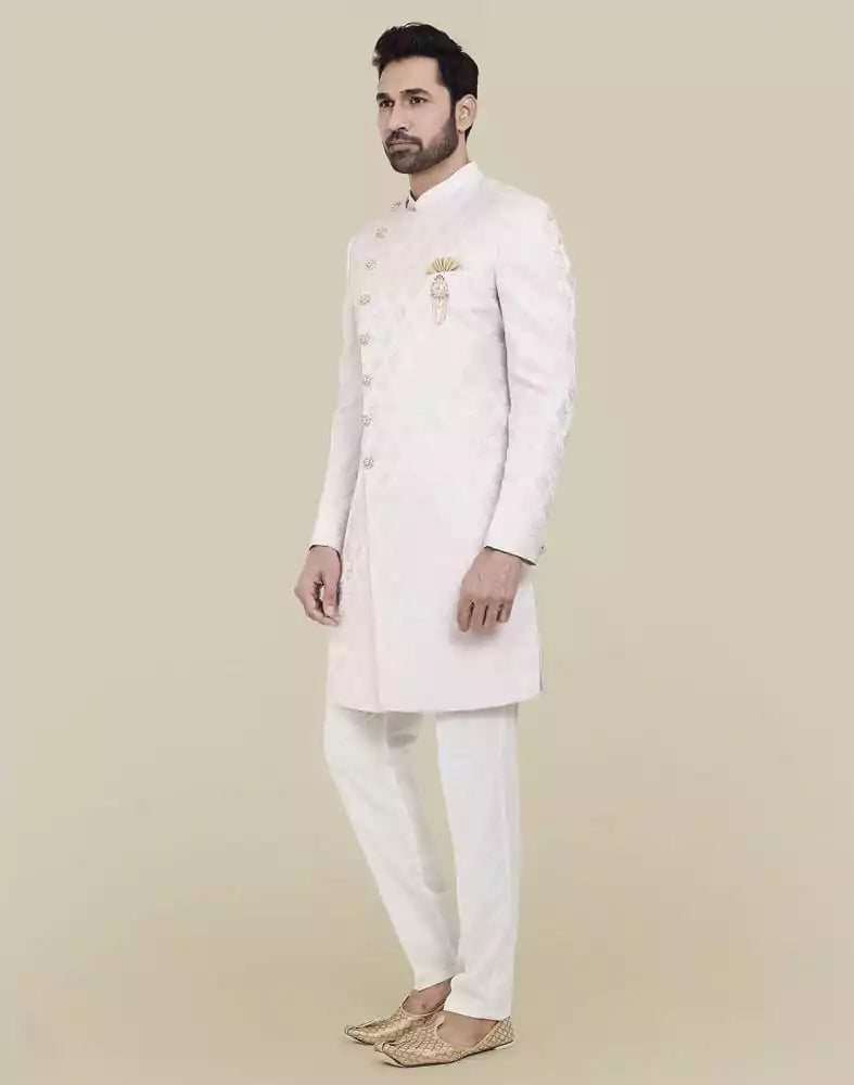 Image of Brocade Peach Coloured Indo Western Sherwani Set