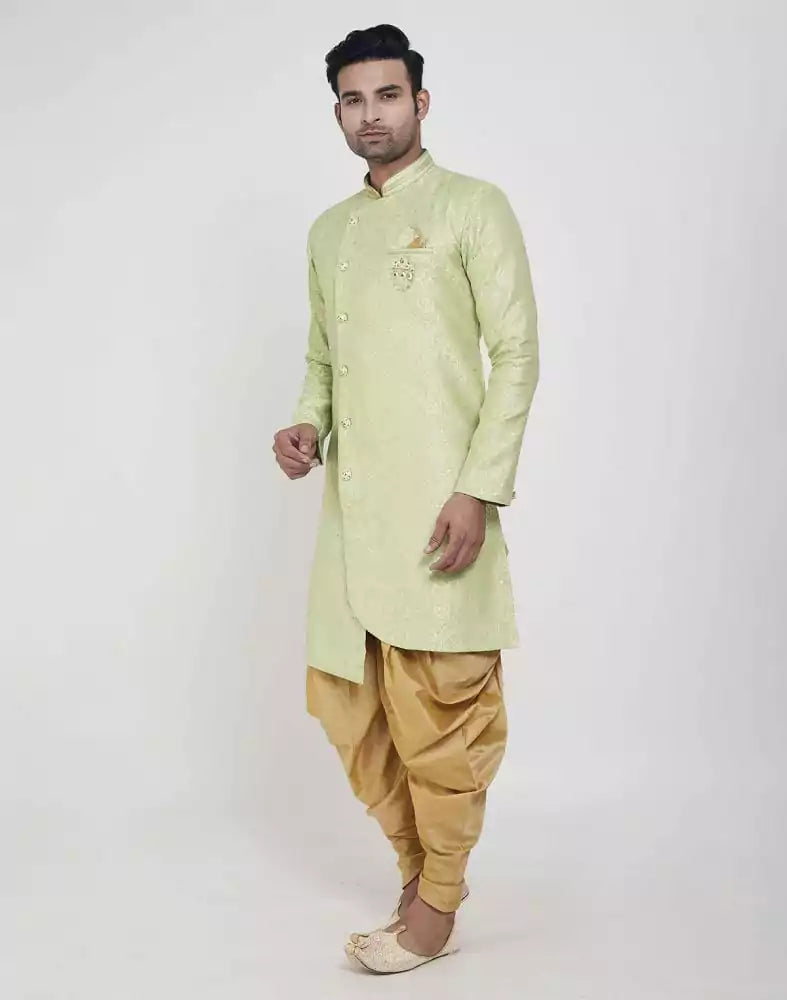 Image of Pista Green Jacquard Design With Peshawari Semi Indo Western Set