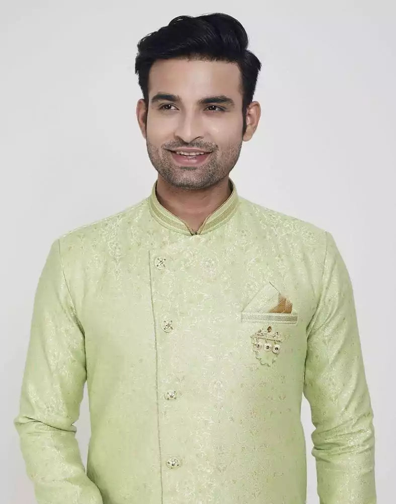 Image of Pista Green Jacquard Design With Peshawari Semi Indo Western Set