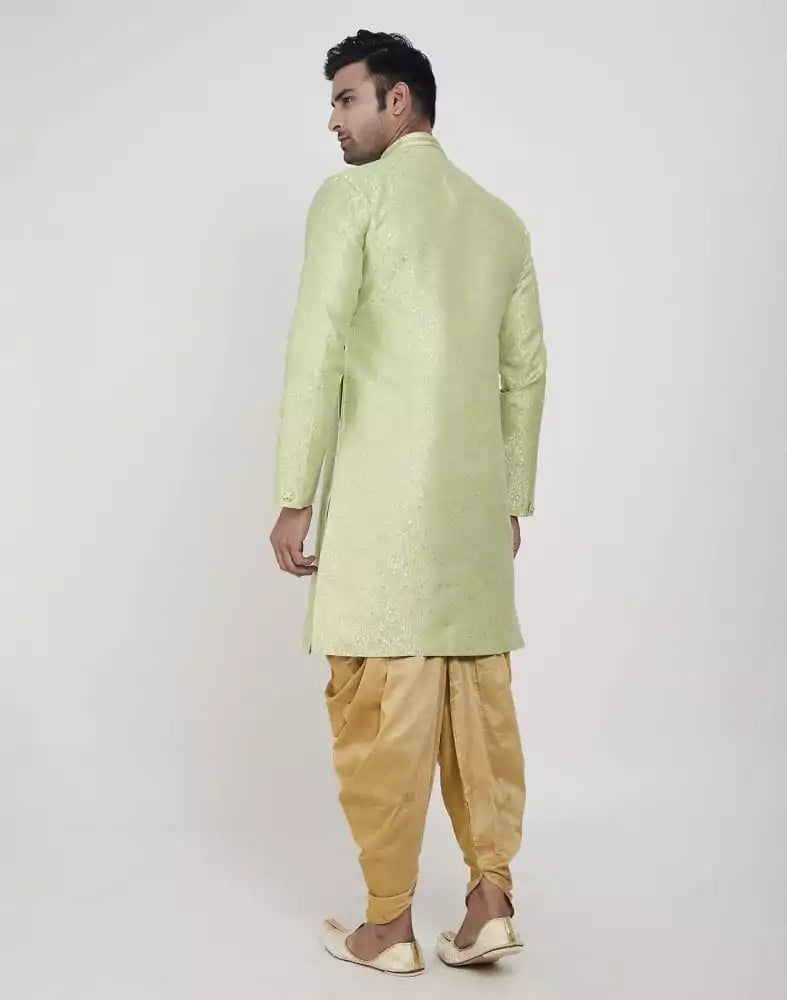Image of Pista Green Jacquard Design With Peshawari Semi Indo Western Set