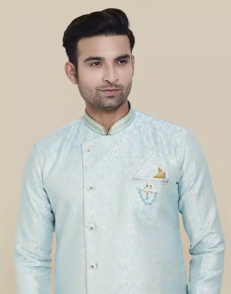 Image of Sky Blue Jacquard Design With Peshawari Semi Indo Western Set