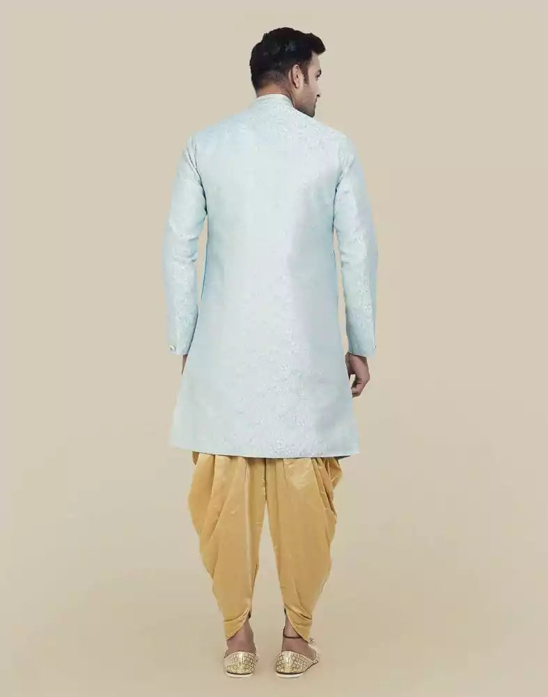 Image of Sky Blue Jacquard Design With Peshawari Semi Indo Western Set