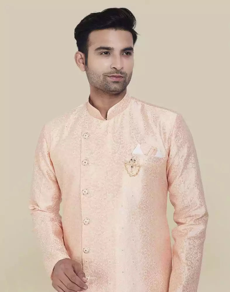 Image of Peach Coloured Fashionable Cross Pattern And Self Design Semi Indo Western Set