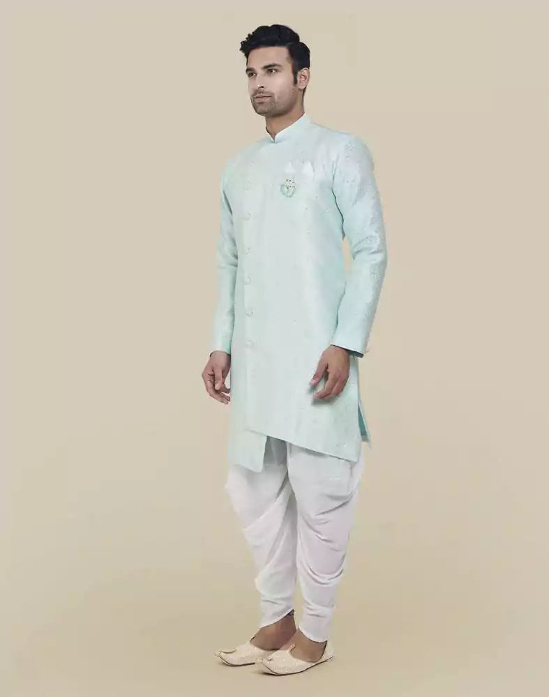Image of Sky Blue Fashionable Cross Pattern And Self Design Semi Indo Western Set