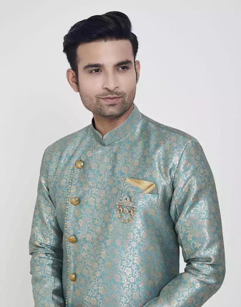 Image of Firozi Coloured Jacquard Design Semi Indo Western Set