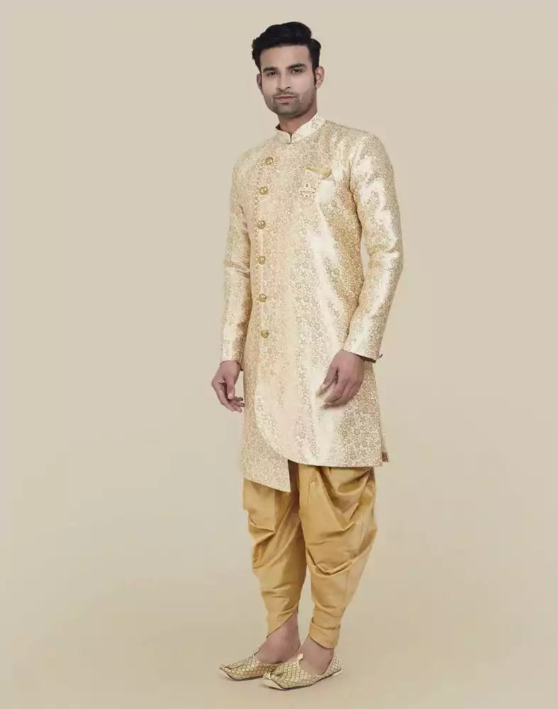 Image of Gold Colour Jacquard Design Semi Indo Western Set