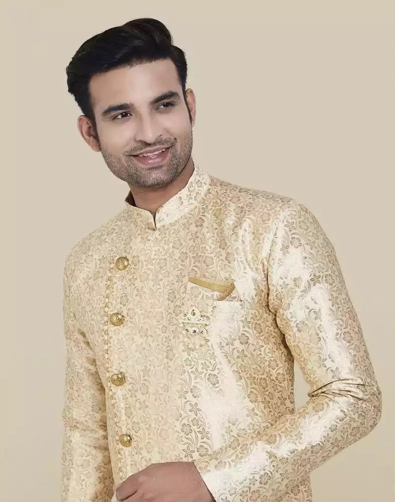 Image of Gold Colour Jacquard Design Semi Indo Western Set