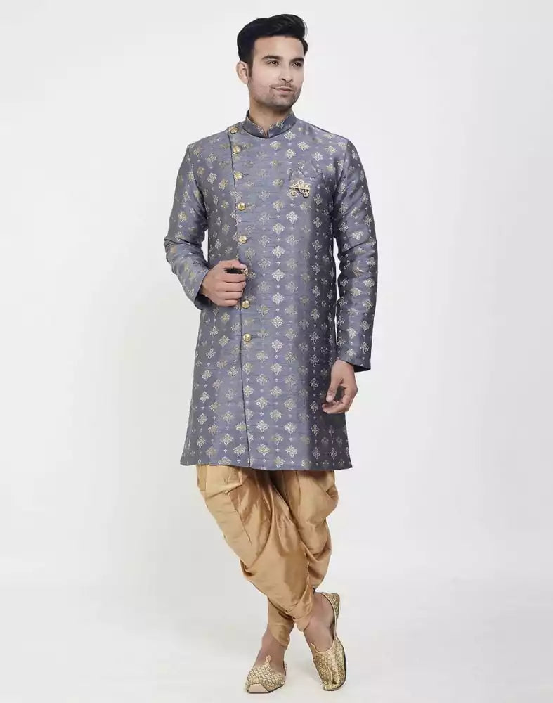 Image of Grey Coloured Stylish and Smooth Jacquard Design Semi Indo Western Set
