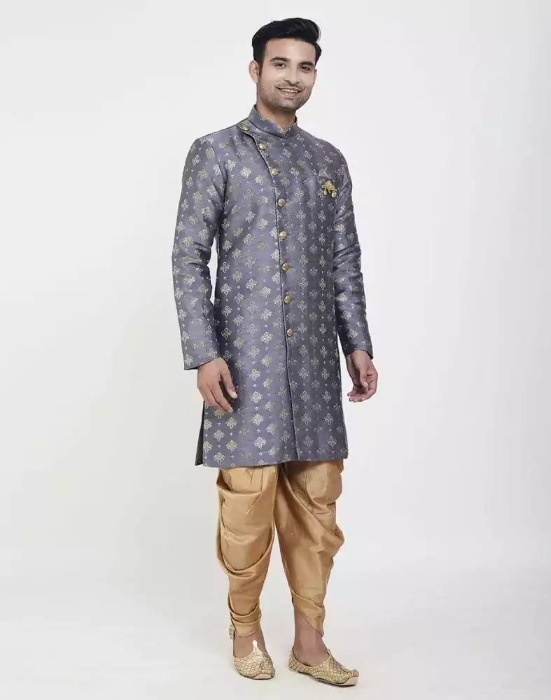 Image of Grey Coloured Stylish and Smooth Jacquard Design Semi Indo Western Set