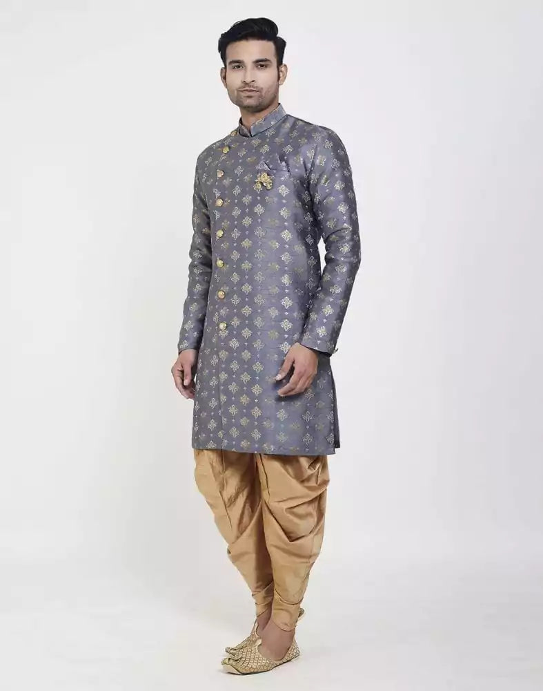 Image of Grey Coloured Stylish and Smooth Jacquard Design Semi Indo Western Set