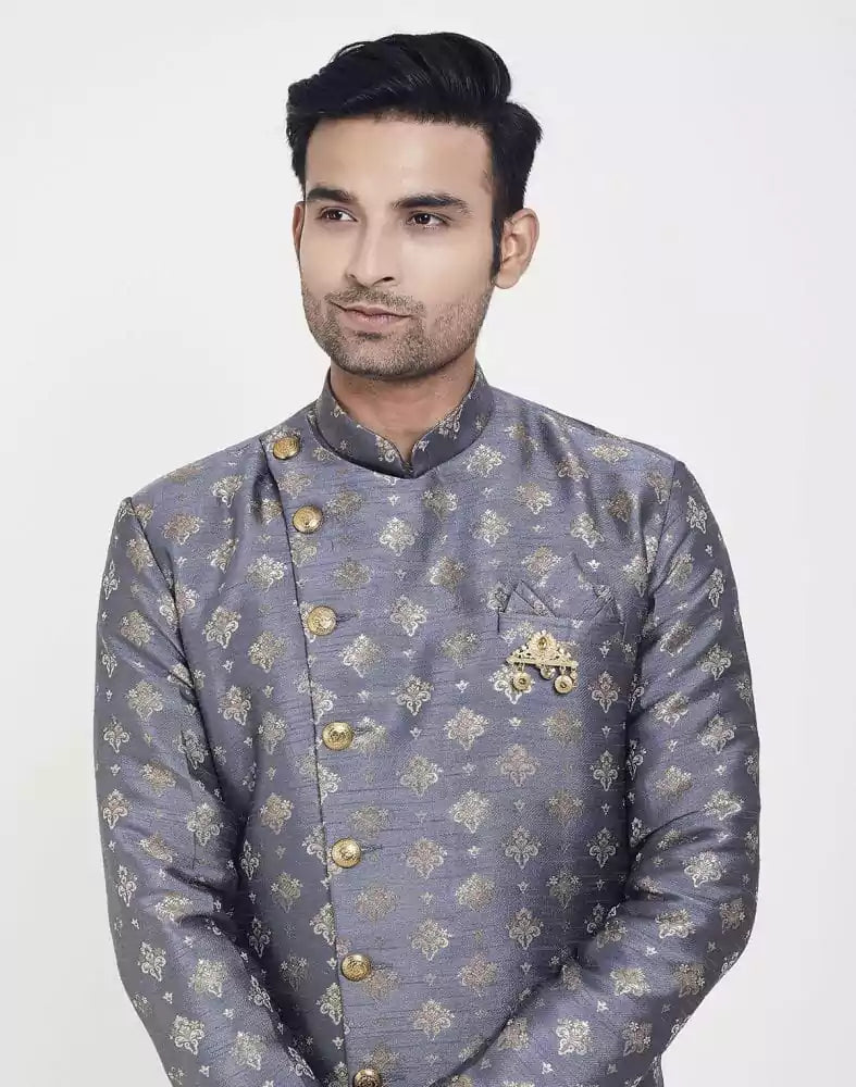 Image of Grey Coloured Stylish and Smooth Jacquard Design Semi Indo Western Set