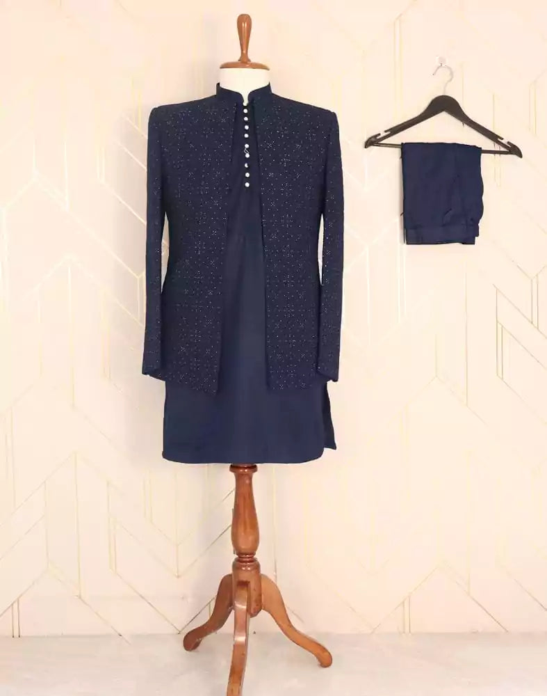 Image of Iconic Navy Blue Plain Satin Embellished work Indo-Western Set