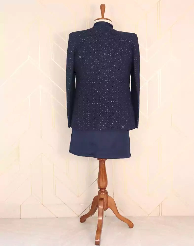Image of Iconic Navy Blue Plain Satin Embellished work Indo-Western Set