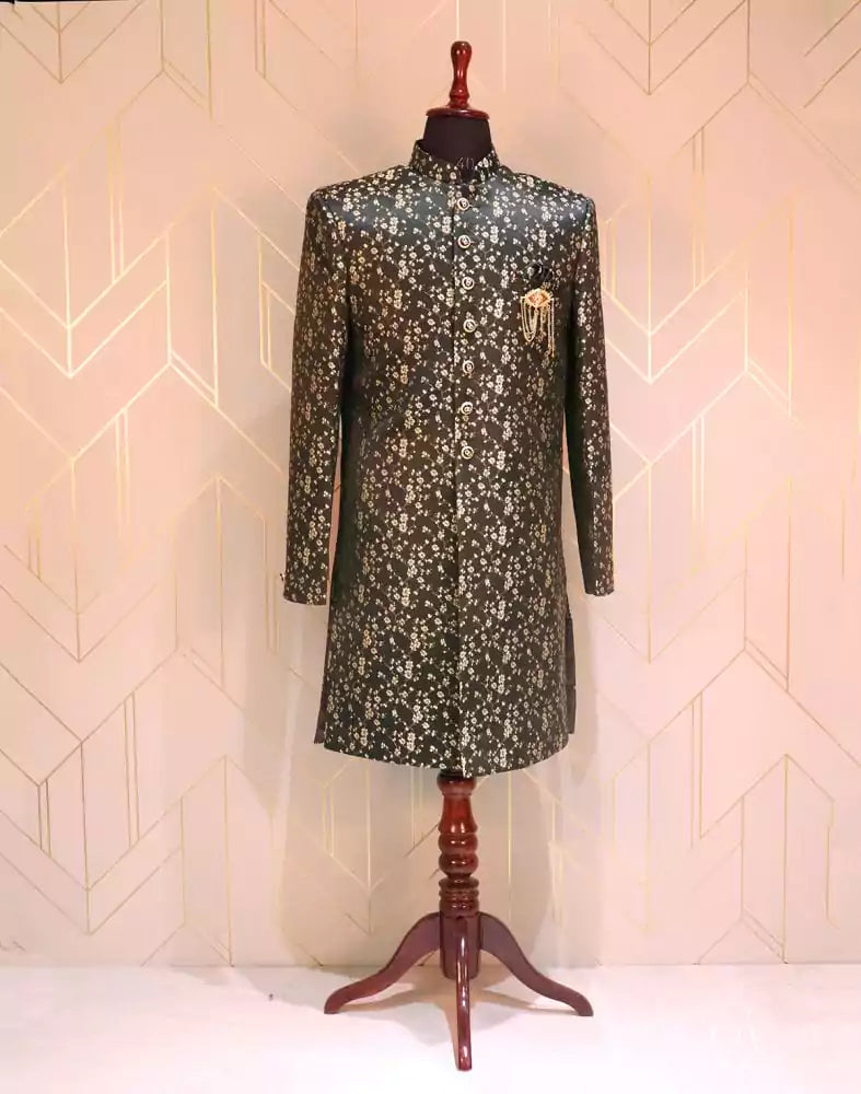 Image of Brown Jacquard Indo-Western Set