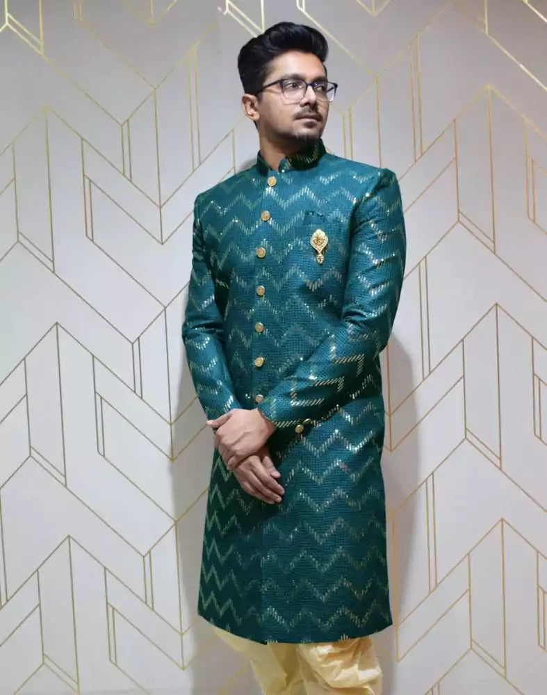 Image of Stylish Rama Green Chevron Raw Silk Embellished Designer Indo-Western Set