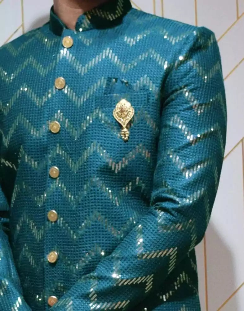 Image of Stylish Rama Green Chevron Raw Silk Embellished Designer Indo-Western Set